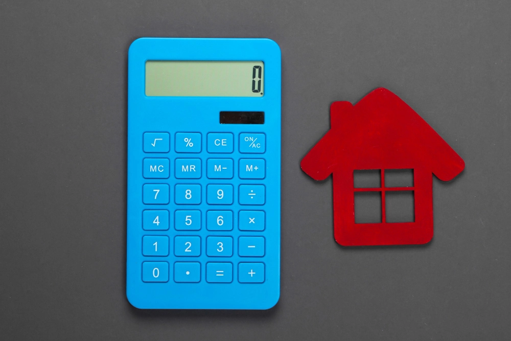 imagen con calculadora azul y figura de casa roja